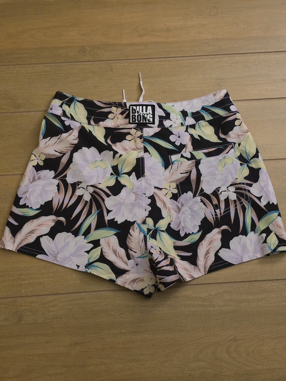 Billabong Black Floral Swim Shorts with Pastel Leaves
